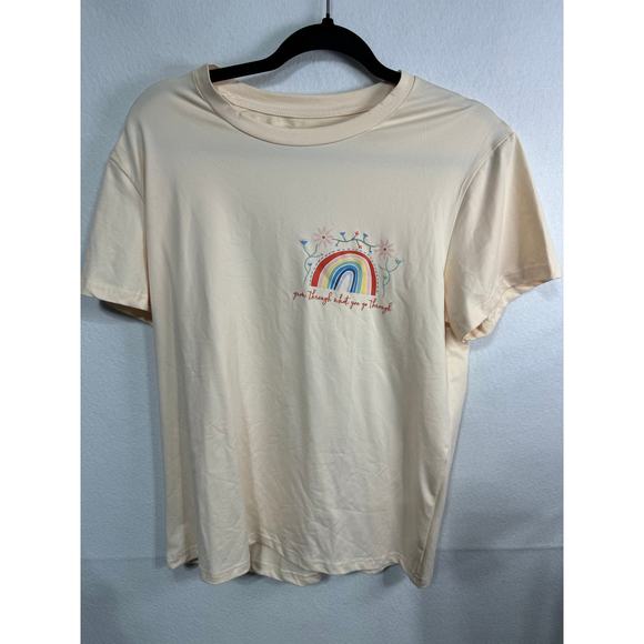 SHEIN Cream Graphic Tee Rainbow Floral Print Short‎ Sleeve T-Shirt Size L - Picture 1 of 5